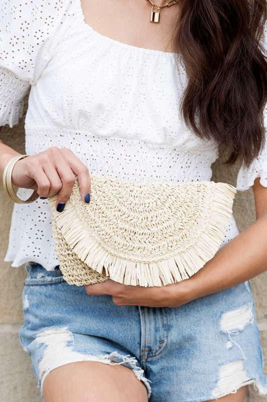 Frayed Fold-Over Straw Clutch