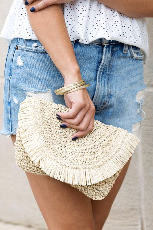 Frayed Fold-Over Straw Clutch